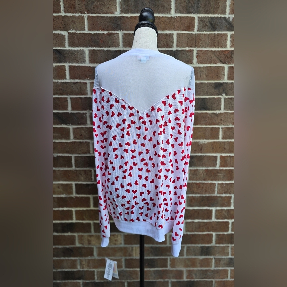 LuLaRoe Lizzy Blouse 2X NWT Red White Heart Print Mesh Top Long Sleeve - Picture 6 of 14